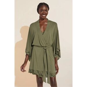 Eberjey Naya Tencel Modal Lace Robe in Olive Green, Size Medium
